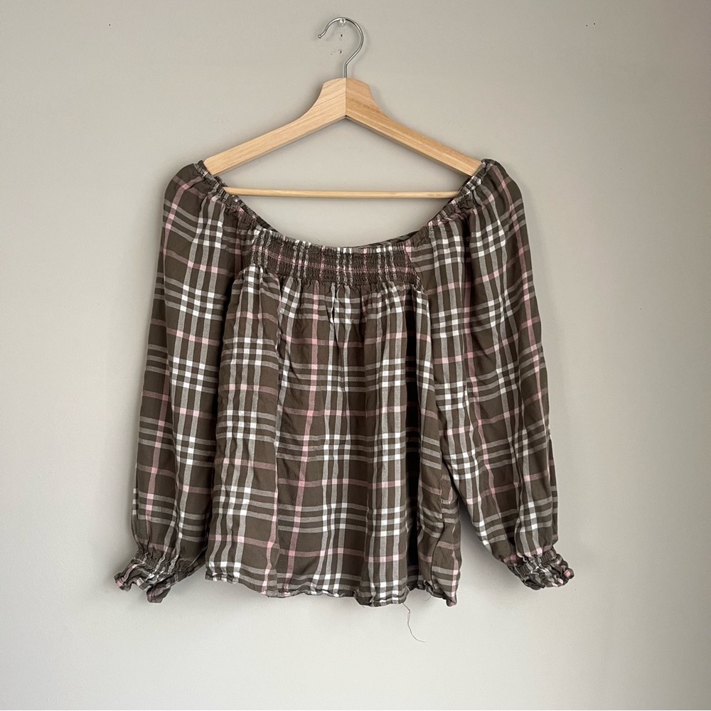 Como Vintage Green Pink Plaid Off The Shoulder Blouse Size Small